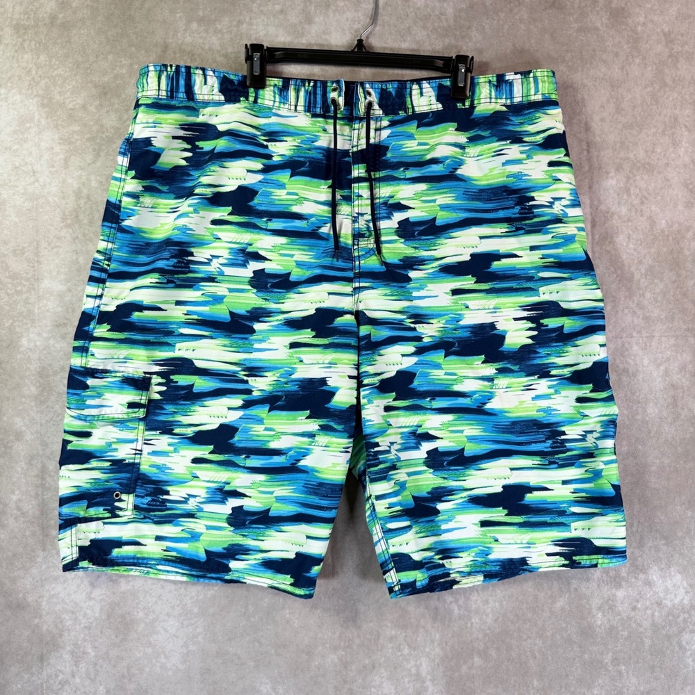 Roundtree Yorke Swim Trunks Mens 2XT Blue Green Abstract Mesh Lined Board Shorts
